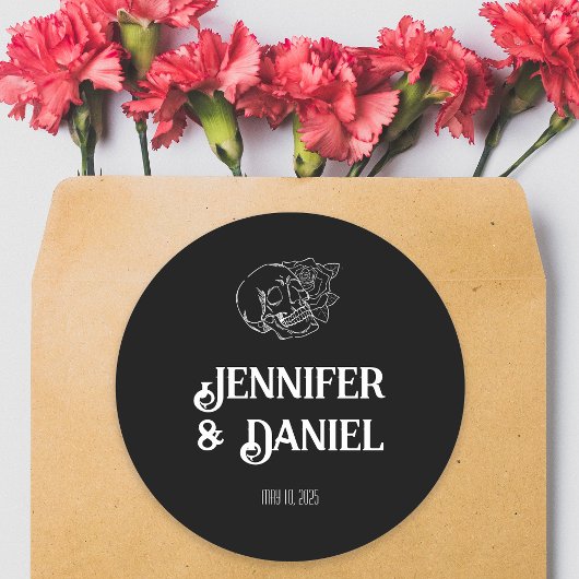 Sticker Rond Mariage de tatouage de crâne noir et blanc