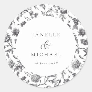 Sticker Rond Mariage de toile florale noir et blanc antique