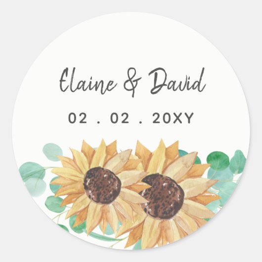 Sticker Rond Mariage de tournesol d'eucalyptus rustique (Devant)