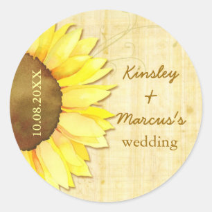 Sticker Rond Mariage de tournesol doré Enregistrer la date