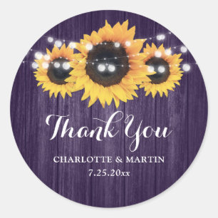 Sticker Rond Mariage de tournesol en bois violet rustique Favor
