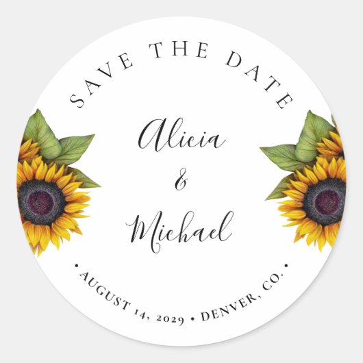 Sticker Rond Mariage de tournesol moderne rustique sauver date (Devant)