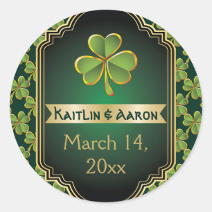 Sticker Rond Mariage de trèfle en or, vert irlandais Enregistre