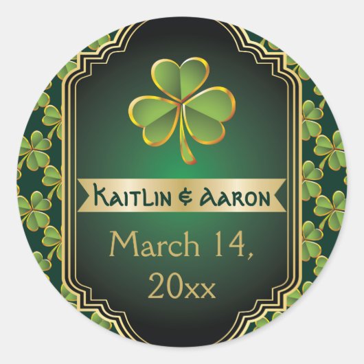 Sticker Rond Mariage de trèfle en or, vert irlandais Enregistre (Devant)