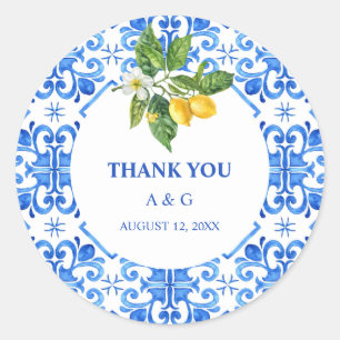 Sticker Rond Mariage de tuiles et citrons bleu méditerranéen