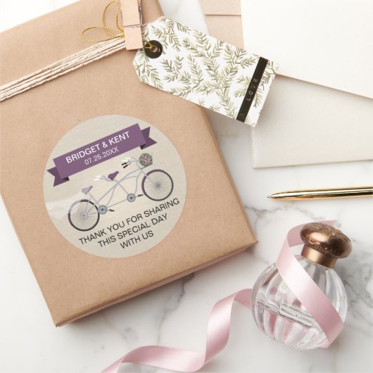 Sticker Rond Mariage de vélo Faux Linen Plum Tandem (Cadeaux)