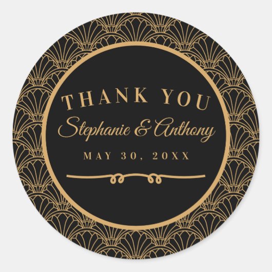 Sticker Rond Mariage de ventilateur Art déco noir et or (Devant)