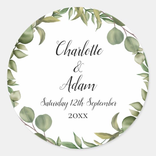 Sticker Rond Mariage de verdure d'eucalyptus boisé (Devant)