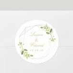 Sticker Rond Mariage de verdure géométrique moderne<br><div class="desc">Autocollants de mariage personnalisés avec cadre géométrique or et aquarelle design de verdure.</div>