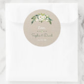 Sticker Rond Mariage d'écriture moderne de Burlap Floral Blanc (Sac)