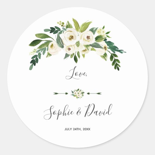 Sticker Rond Mariage d'écriture moderne florale blanche (Devant)