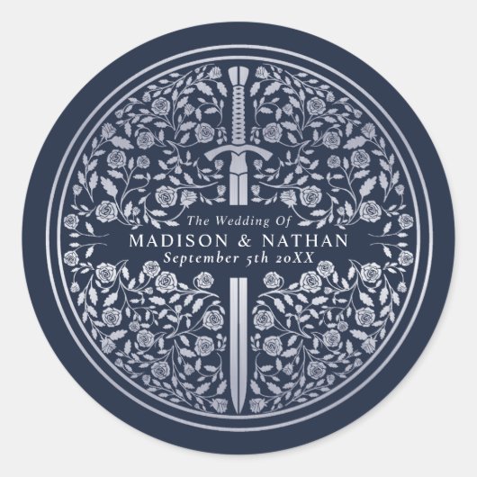 Sticker Rond Mariage d'épée médiévale Bleu Argent (Devant)