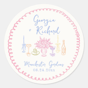 Sticker Rond Mariage Dessiné à la Main Coloré et Original