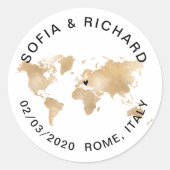 Sticker Rond Mariage Destination World Map Gold Removable Heart (Devant)