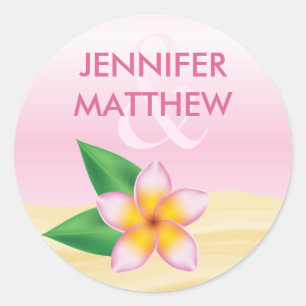 Sticker Rond Mariage d'été à fleurs tropicales roses Frangipani
