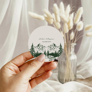 Sticker Rond Mariage d'été montagne dessiné à la main