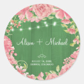 Sticker Rond Mariage d'été rustique rose fleuri vert grange boi (Devant)