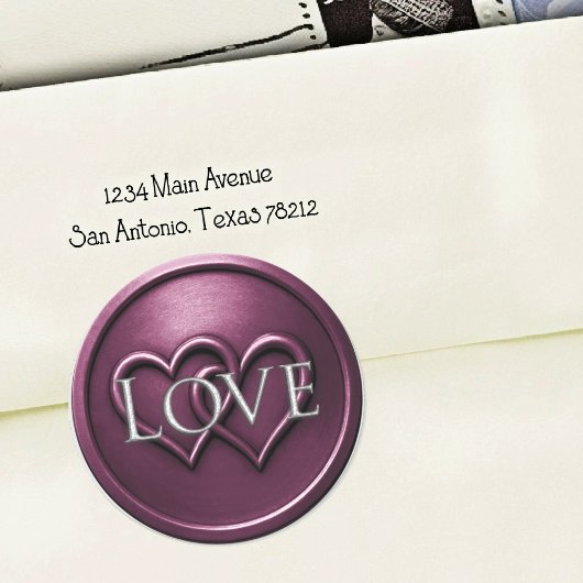 Sticker Rond Mariage Deux Cœurs Entrelacés Prune