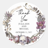 Sticker Rond Mariage d'Halloween Fleur Crâne Merci (Devant)