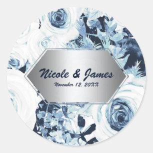 Sticker Rond Mariage d'hiver bleu blanc argent Roses vintage