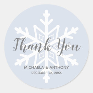 Sticker Rond Mariage d'hiver Dusty Blue Flocon de Neige Merci