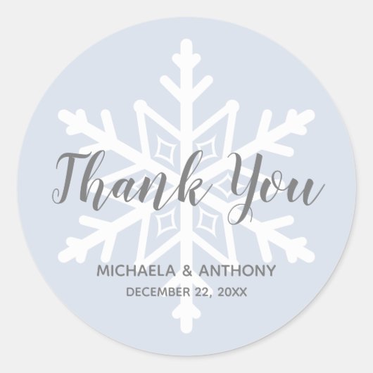 Sticker Rond Mariage d'hiver Dusty Blue Snowflake Merci (Devant)