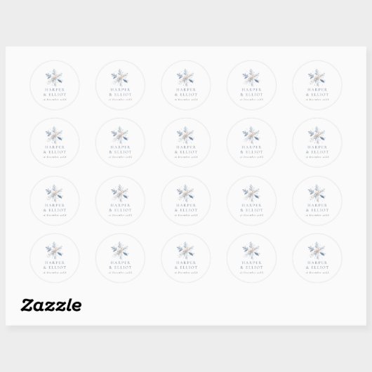 Sticker Rond Mariage d'hiver moderne Blue Snowflake (Feuille)