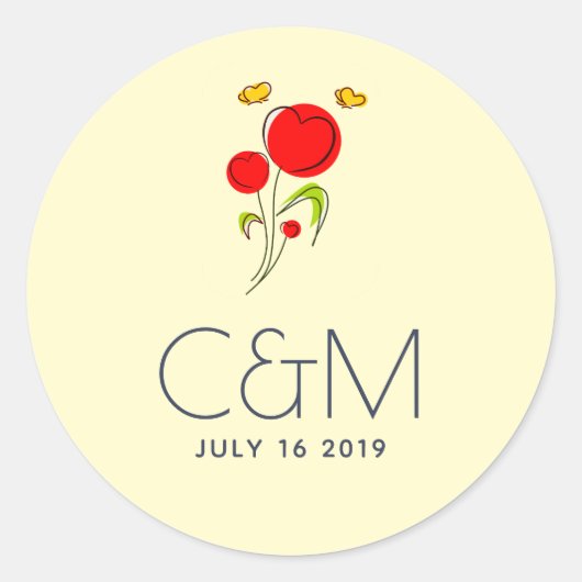 Sticker Rond Mariage d'illustration de fleurs de coeur rouge mi (Devant)