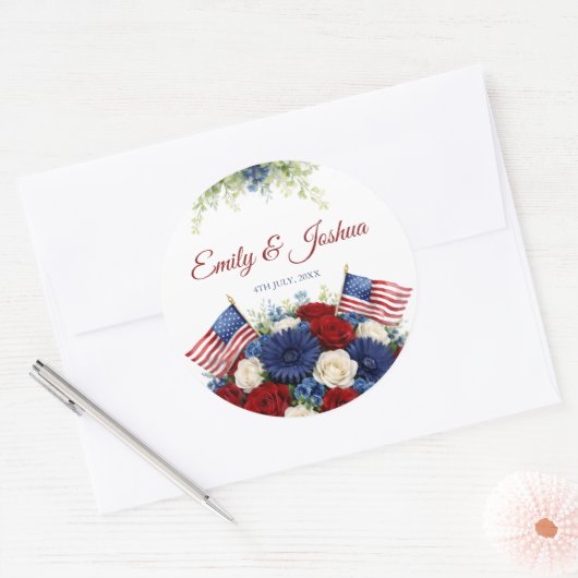 Sticker Rond Mariage Drapeau Américain et Fleurs (Enveloppe)