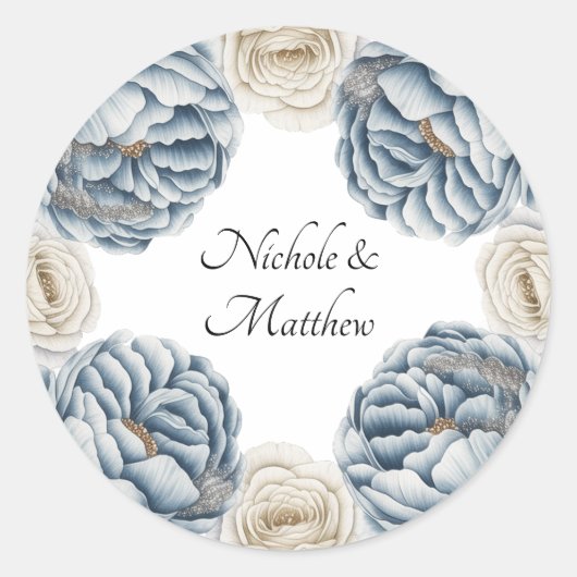 Sticker Rond Mariage Dusty Blue & White Peony (Devant)