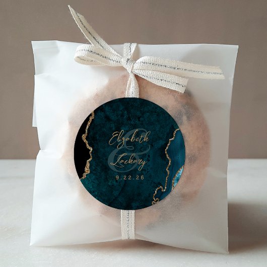 Sticker Rond Mariage écriture Agate Bleu sarcelle Or