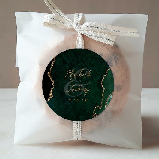 Sticker Rond Mariage écriture Agate Or Vert Emeraude