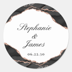 Sticker Rond Mariage élégant Agate Noir Blanc Or Rose Feuille