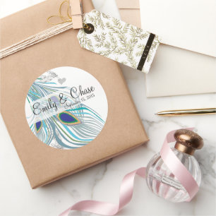Sticker Rond Mariage Élégant Aqua Gris 3 Plumes de Paon