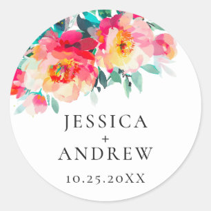 Sticker Rond Mariage Élégant Aquarelle Fleurs Sauvages