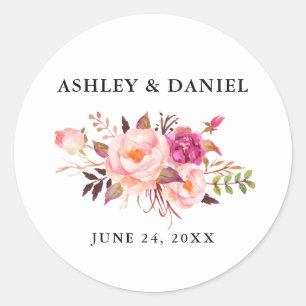 Sticker Rond Mariage Elégant Aquarelle Rose Blush Floral