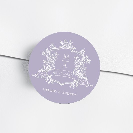 Sticker Rond Mariage élégant au monogramme floral à la lavande