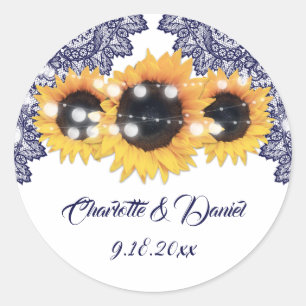 Sticker Rond Mariage Élégant au Tournesol Rustique Bleu Marine