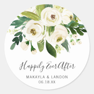 Sticker Rond Mariage Élégant aux Fleurs Blanches Happily Ever A