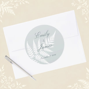 Sticker Rond Mariage élégant aux fougères blanches et bleu pous