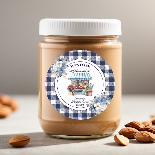 Sticker Rond Mariage élégant avec gingham bleu et thème floral