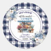 Sticker Rond Mariage élégant avec gingham bleu et thème floral (Devant)