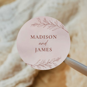 Sticker Rond Mariage Élégant Boho Pink à feuilles minimes