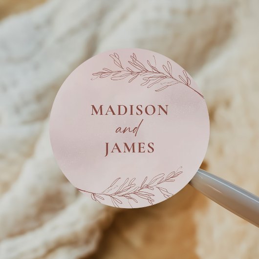 Sticker Rond Mariage Élégant Boho Pink à feuilles minimes