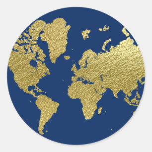 Sticker Rond Mariage élégant carte du monde bleu marine et or