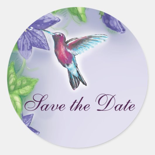 Sticker Rond mariage élégant colibri fleurs violettes (Devant)