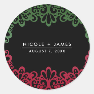 Sticker Rond Mariage élégant de fête Green & Red Lace