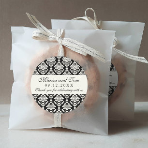 Sticker Rond Mariage Élégant en Damassé Noir et Ivoire