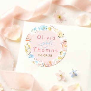Sticker Rond Mariage Élégant Fantaisiste Pastel Floral