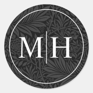 Sticker Rond Mariage Élégant Fleurs Noires Monogramme Blanc